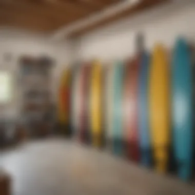 Different types of surfboard racks displayed in a stylish garage setting