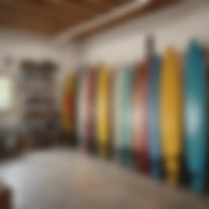 Different types of surfboard racks displayed in a stylish garage setting