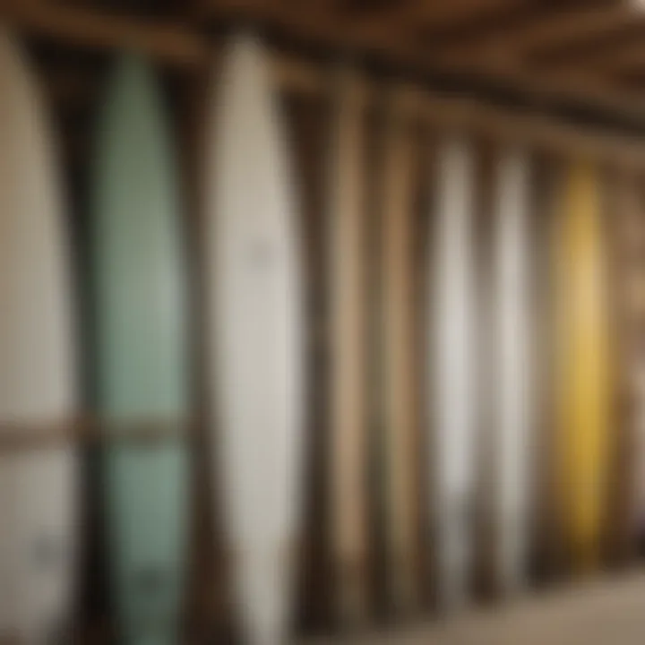 An array of surfboards displayed on various types of shaping racks