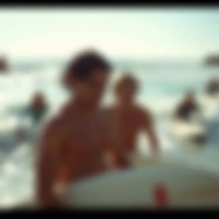 Vibrant beach scene showcasing surfers enjoying the waves