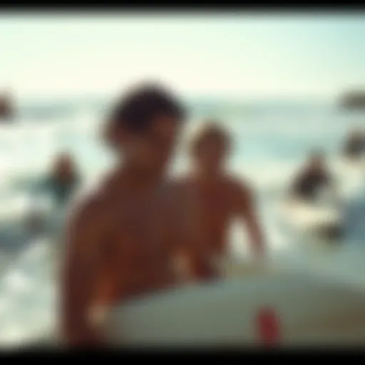 Surfers Embracing the Ocean Vibrant beach scene showcasing surfers enjoying the waves