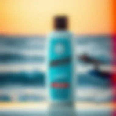 Close-up of Surfer 8 Shampoo bottle with ocean background