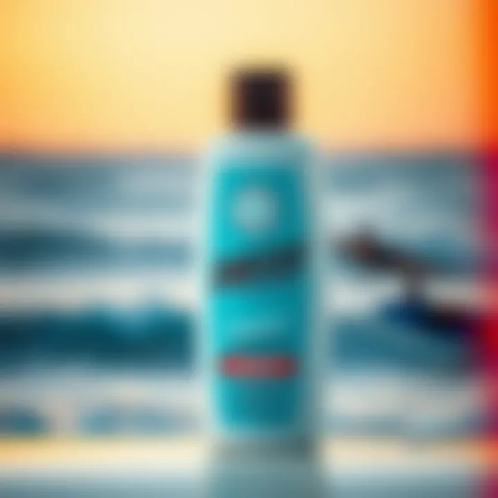 Close-up of Surfer 8 Shampoo bottle with ocean background