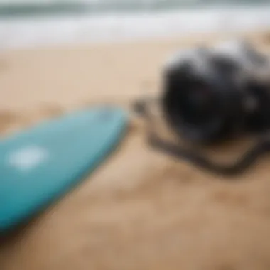 Close-up of surfing gear laid out on the sand