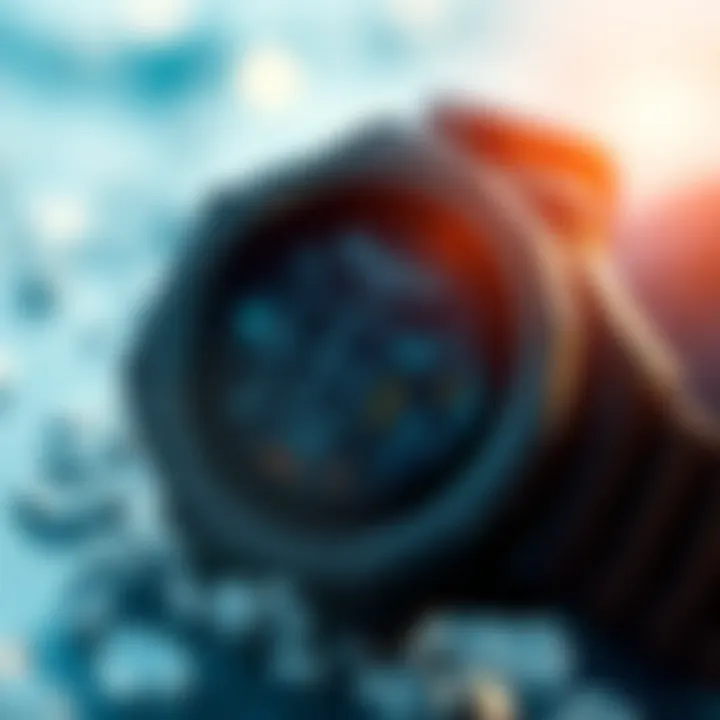 A close-up view of a high-tech surfing watch with a digital interface.