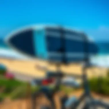 A boogie board securely mounted on a bike rack overlooking a beach