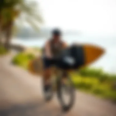 A biker with a boogie board riding along a scenic coastal path