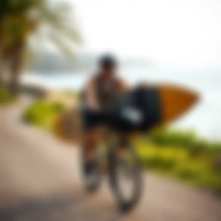 A biker with a boogie board riding along a scenic coastal path