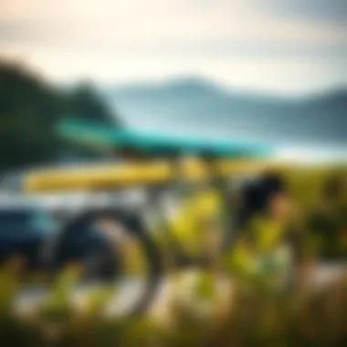 Eco-friendly biking and water sports gear with natural surroundings