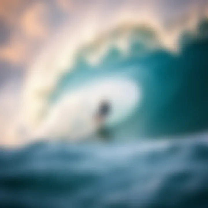 Thrilling Surf Experience at Cloudbreak Surfer riding a massive wave at the famous Cloudbreak surf spot