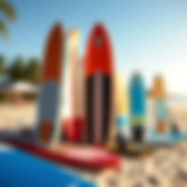 Variety of Wide Paddleboards Different types of wide paddleboards displayed on a sunny beach