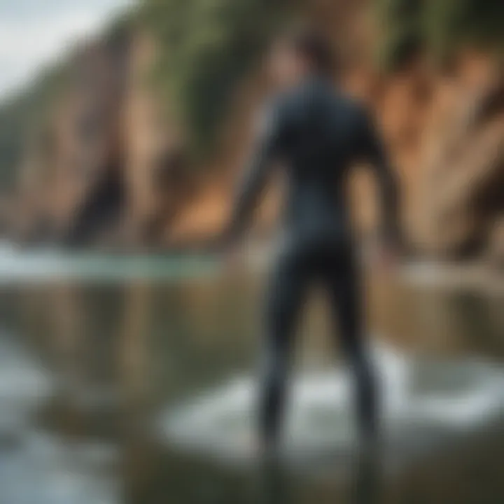 A side view of a person wearing a front zip wetsuit in a picturesque aquatic setting.