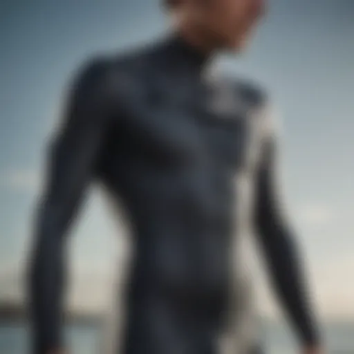 A close-up view of a front zip wetsuit showcasing its flexibility and material quality.