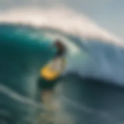 Inflatable surfboard on a vivid ocean wave