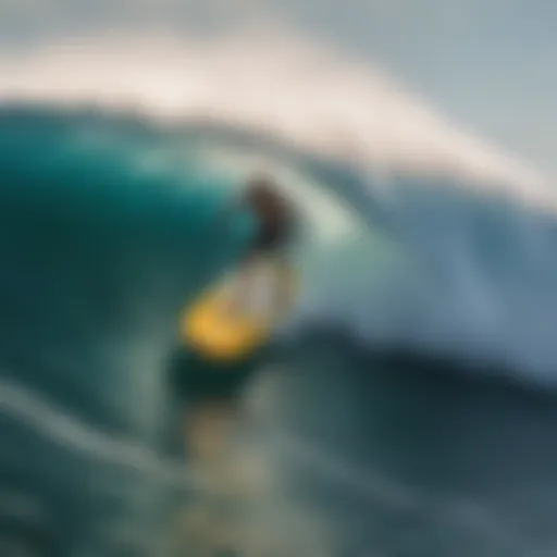 Inflatable surfboard on a vivid ocean wave