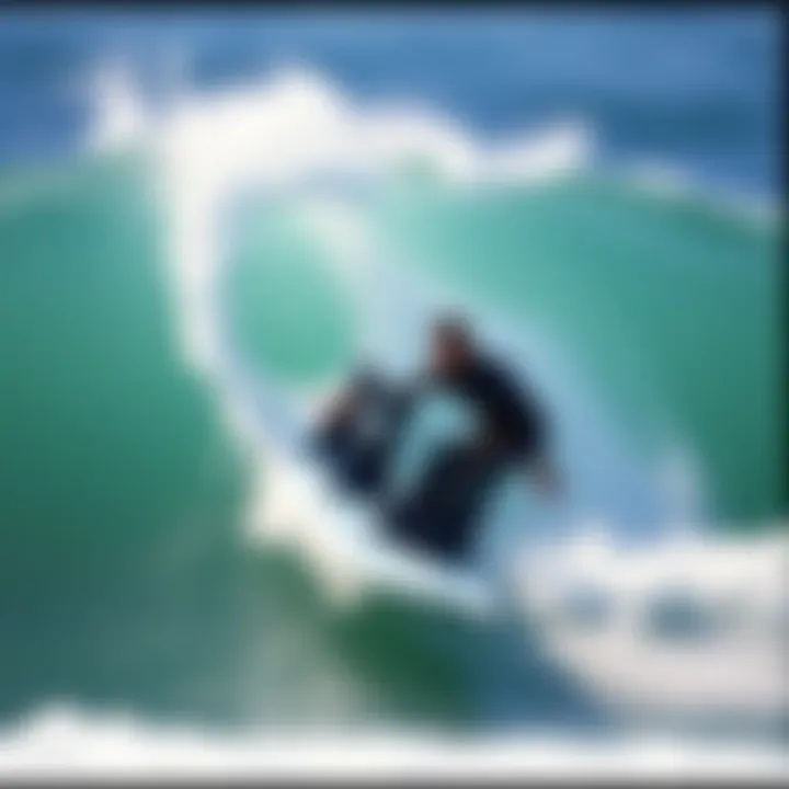 A surfer riding a wave with quad fins visible on the surfboard