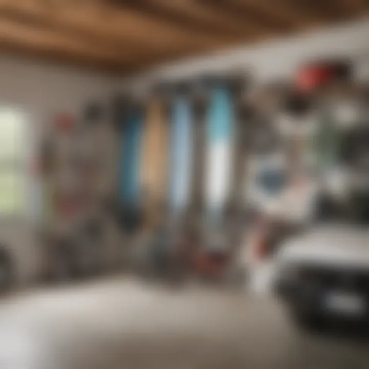 A well-organized garage with SUPs stored on a wall-mounted rack.