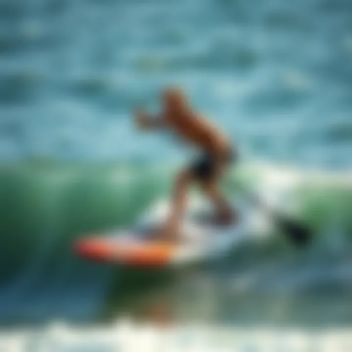 A rider expertly maneuvering a paddleboard on waves