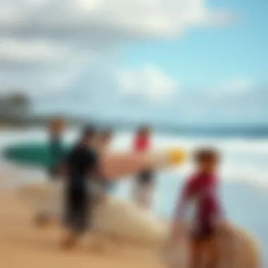 A group of novice surfers enjoying a lesson at Kihei Beach.