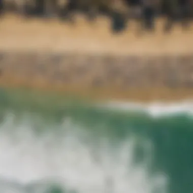 Aerial view of a crowded surf spot with vibrant beach culture