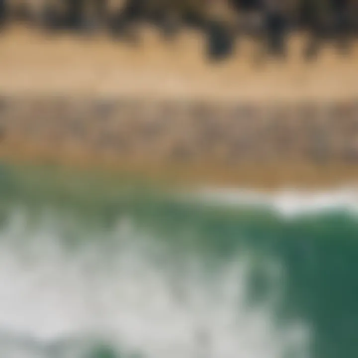 Aerial view of a crowded surf spot with vibrant beach culture