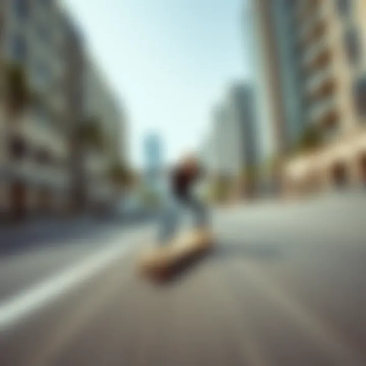 An action shot of a rider gliding smoothly on a surfskate board in an urban environment