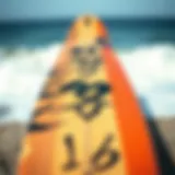 A close-up view of a surfskate board showcasing its unique design and graphics