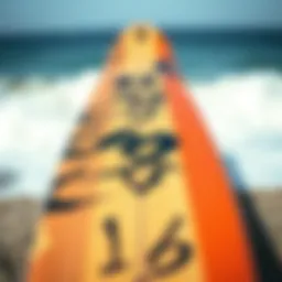 A close-up view of a surfskate board showcasing its unique design and graphics