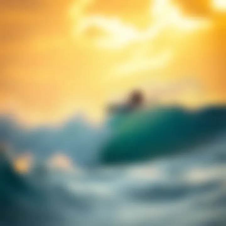 Surfer riding a powerful wave at sunrise