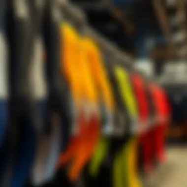 Collection of Billabong wetsuits on display