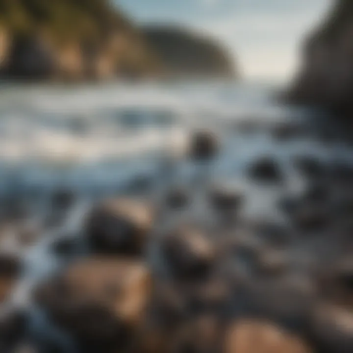 A rocky shoreline with seawater splashing against rocks