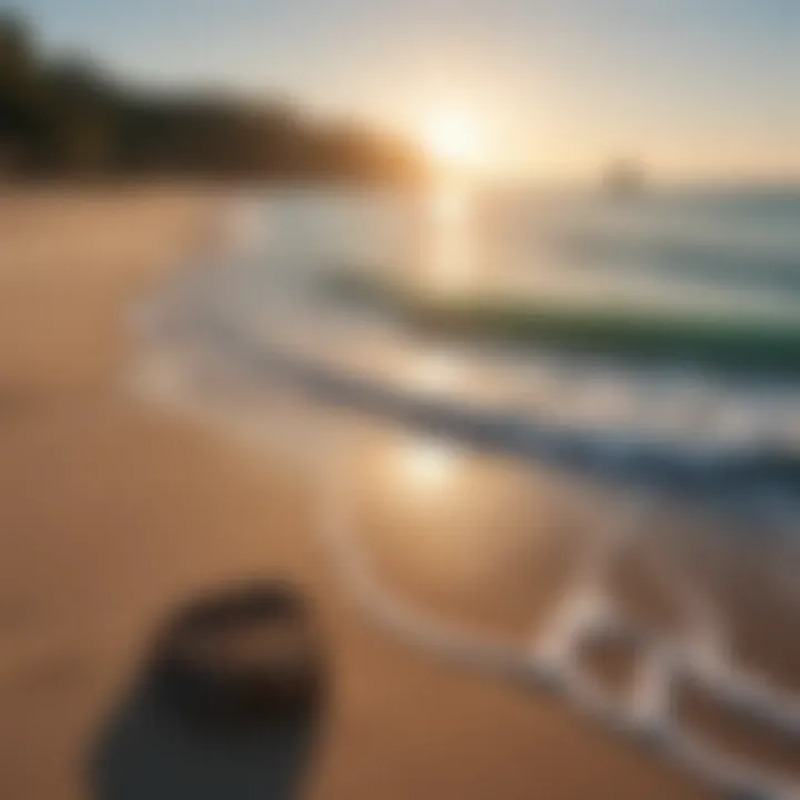 A tranquil beach scene with sunlight reflecting on water