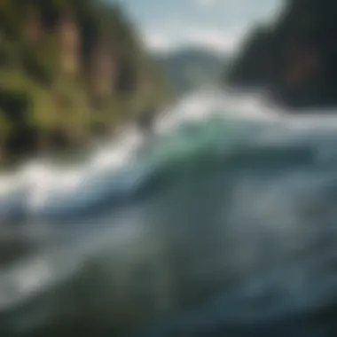 A surfer riding a standing wave in a river