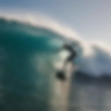 A still from a surfing documentary showcasing a surfboard in motion