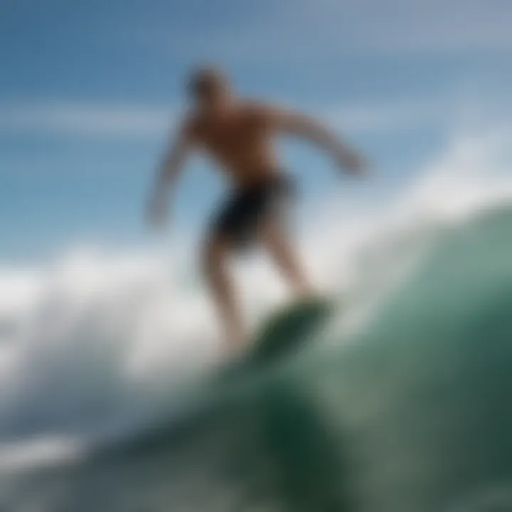 Action shot of skimboarder gliding over the water with dynamic form