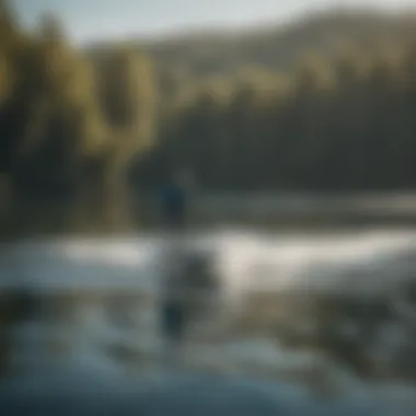 A serene water scene featuring a person gliding effortlessly above the surface on a motorized foil board.