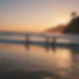 A vibrant beach scene showcasing surfers catching waves at sunset