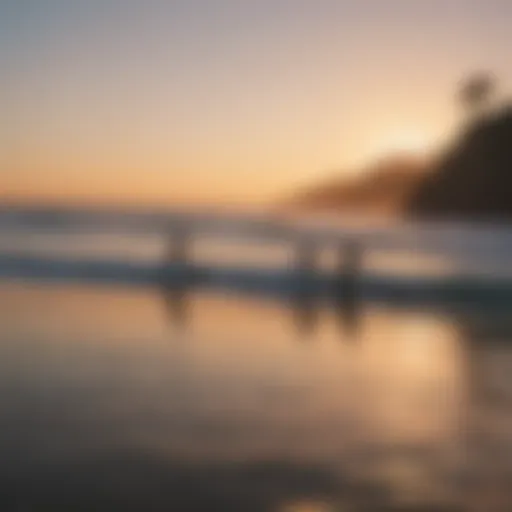 A vibrant beach scene showcasing surfers catching waves at sunset