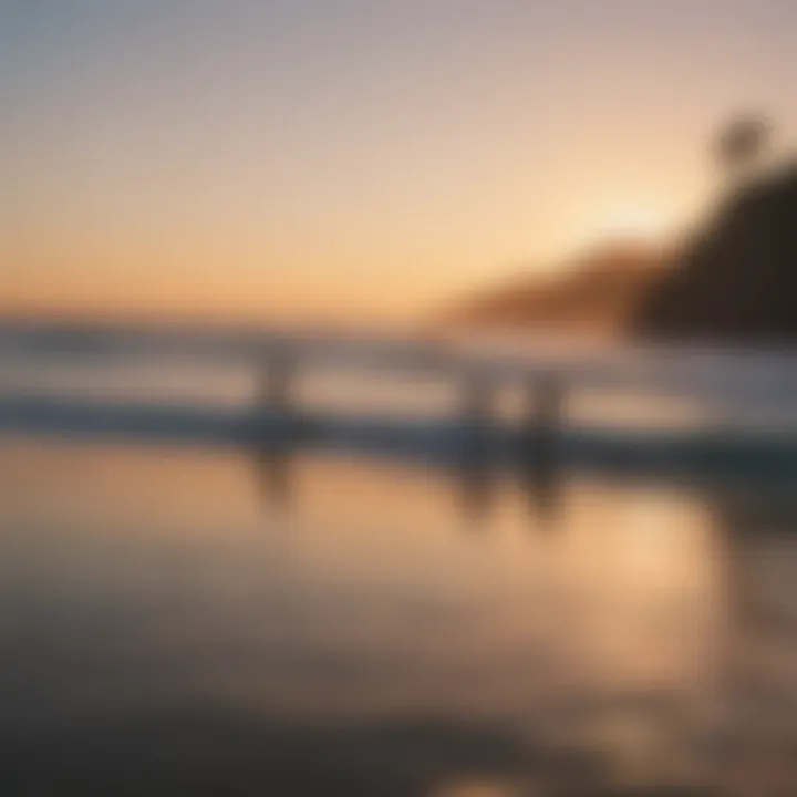 A vibrant beach scene showcasing surfers catching waves at sunset