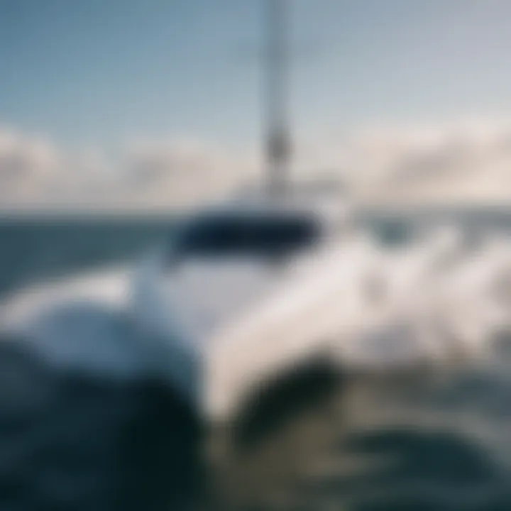 A close-up of the sleek hull design of a modern wind surf boat