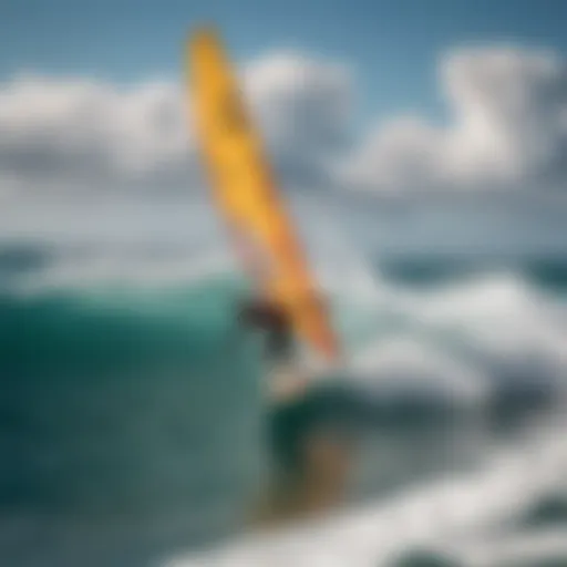 A wing surfboarder gliding across the water with vibrant wings