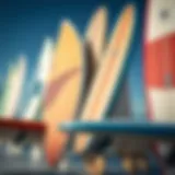 A close-up view of various surfboard shapes and designs