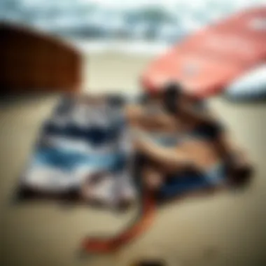 Stylish swim trunks laid out on the beach with waves in the background