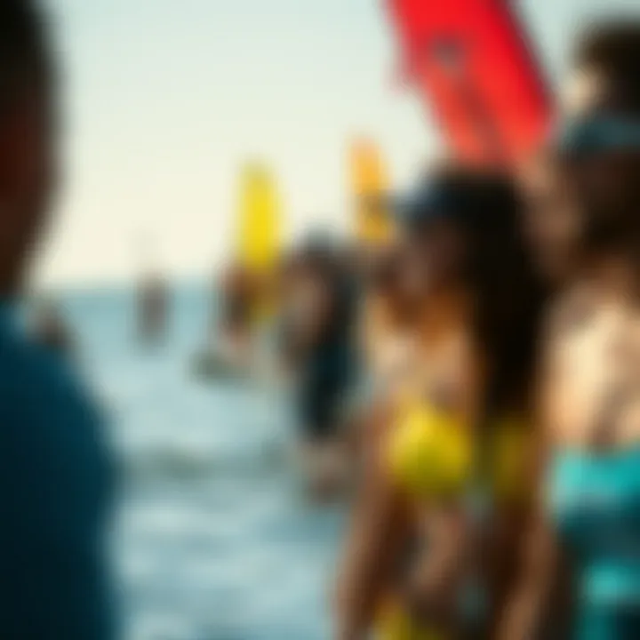 Community of Watersport Enthusiasts A vibrant community gathering at a watersport event featuring SUP and windsurfing