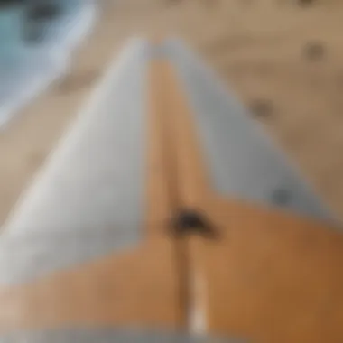 Close-up view of a paddle board showcasing its construction materials.