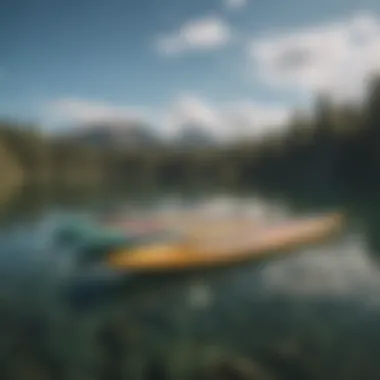 Variety of paddle boards displayed on a serene lake.