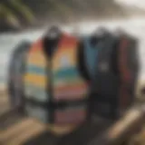 A collection of various surfing vests showcasing different designs and colors