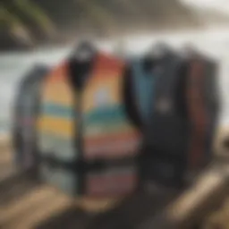 A collection of various surfing vests showcasing different designs and colors