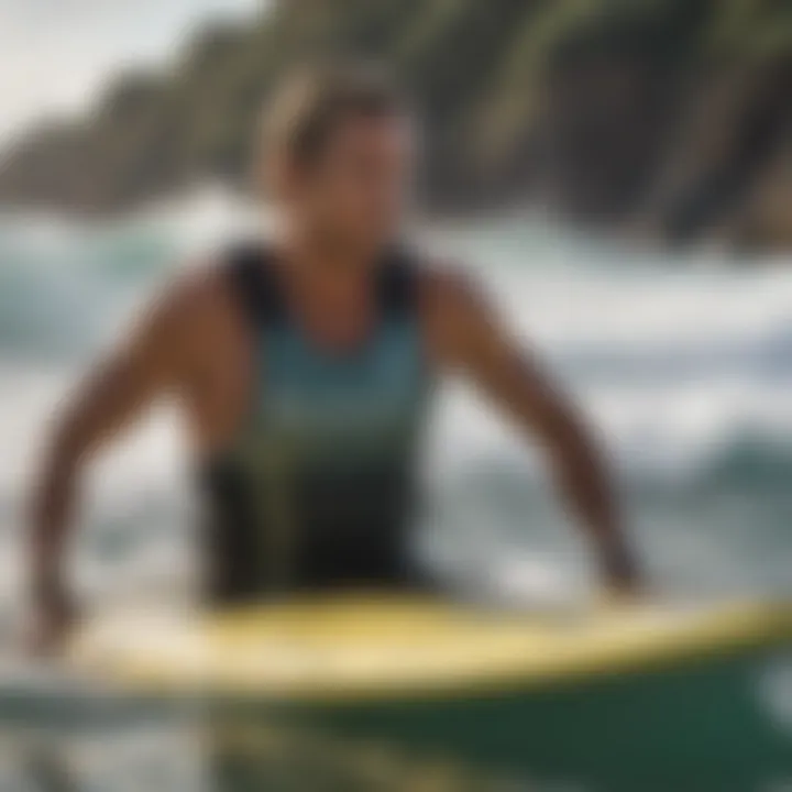 An individual testing the fit and functionality of a surfing vest in the water