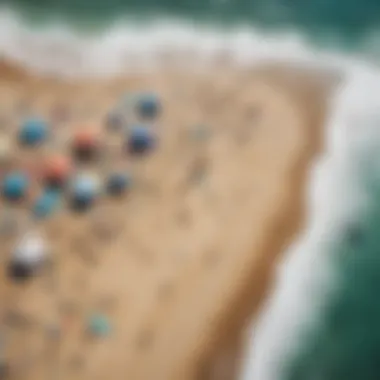 An aerial view of a bustling beach filled with watersports enthusiasts.